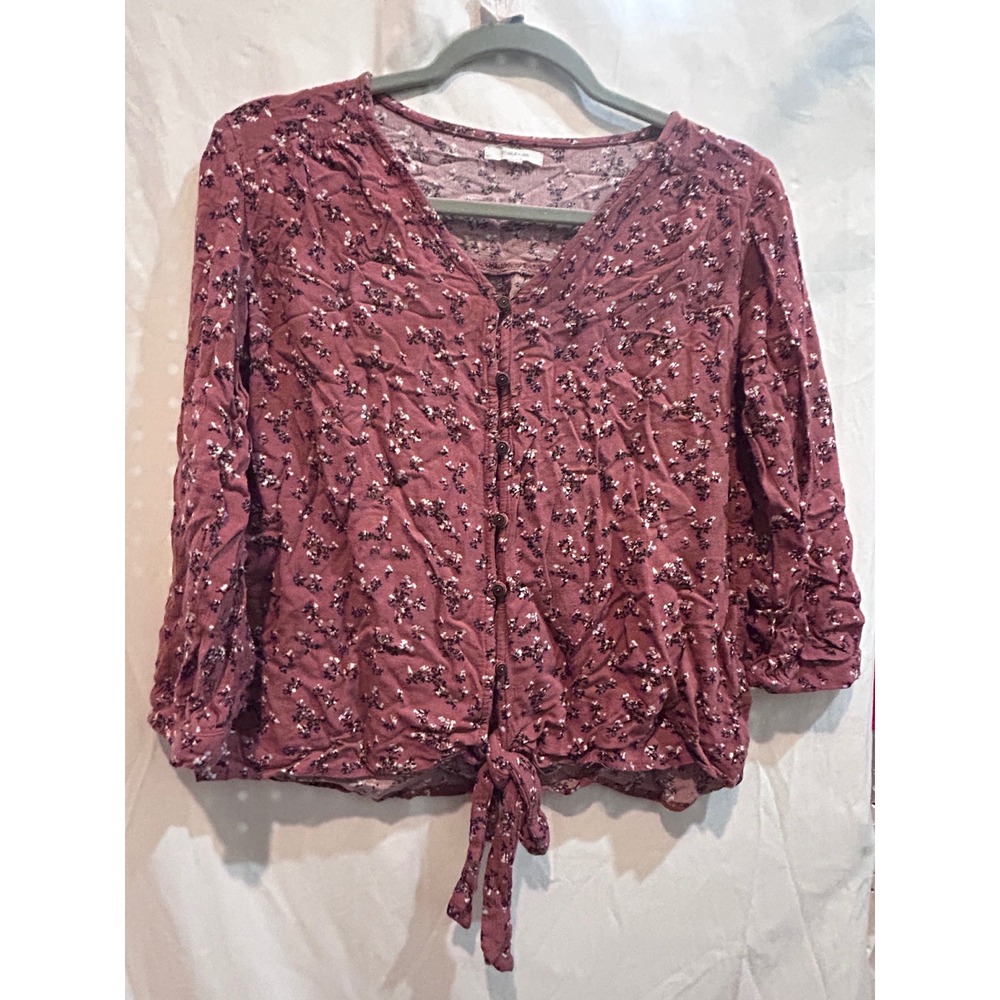 Maurices Burgundy Floral Print Tie Front Blouse Women's Size Medium